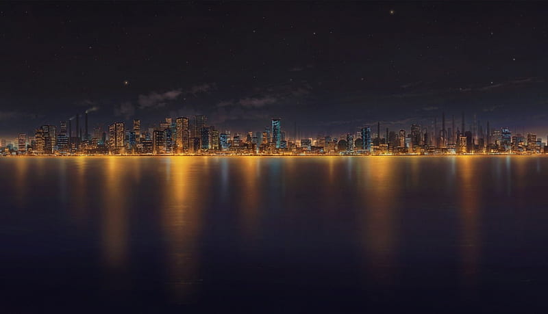 City at night, stars, bonito, sky, clouds, lights, sea, nice, city, cool, water, anime, dark, awesome, landscape, night, HD wallpaper