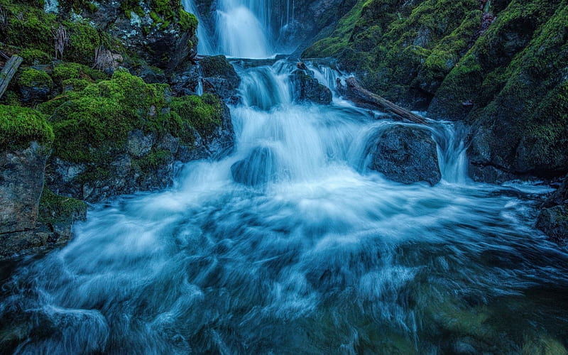 waterfall, rock, mountain stream, beautiful scenery, evening, HD wallpaper
