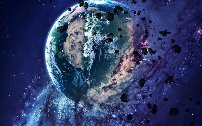 Explosion of Earth, Apocalypse, destruction of planets, galaxy, stars, explosion of planet, sci-fi, universe, planets, Earth, asteroids, HD wallpaper