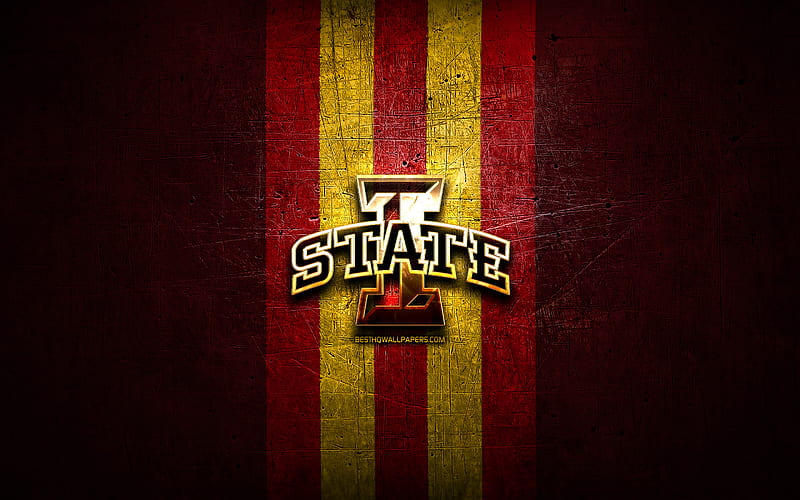 Iowa State, golden logo, NCAA, red metal background, american football club, Iowa State logo, american football, USA, HD wallpaper