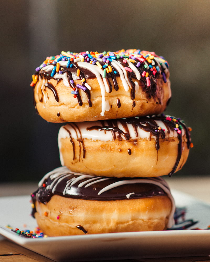 three chocolate-coated donuts with sprinkles, HD phone wallpaper