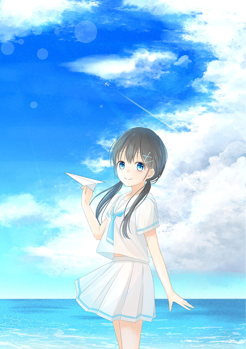 There is a beach painting，Wallpaper anime blue water，beautiful anime  scenery，beautifull puffy clouds。anime big breast，Detailed view - 672  wide，Blue sea。author：Shinkai sincerely，anime beautiful peace scene，anime  landscape wallpapers，Anime ...