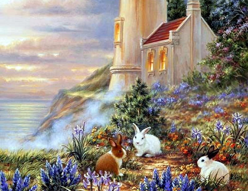 Beacon of Hope, oceans, lovely, colors, love four seasons, spring, cute, paintings, rabbits, flowers, nature, HD wallpaper