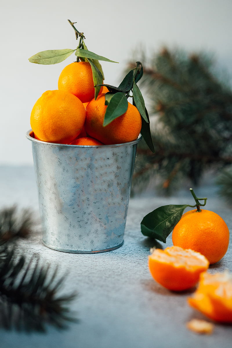 tangerines, citrus, fruit, orange, bucket, HD phone wallpaper