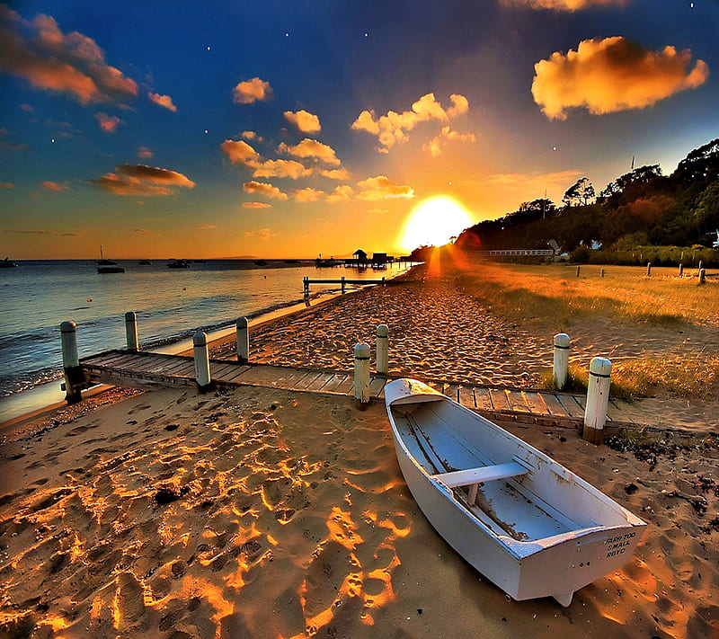 Beautiful Landscape, beach, ocean, boat, sunset, HD wallpaper