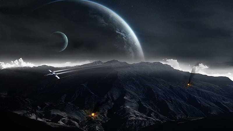 X-Wing Patrol, planets, moons, aircraft, 3D, space ships, planet side, HD wallpaper