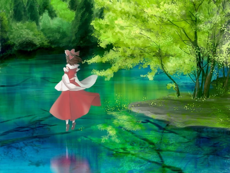 Green Lake, float, hakurei reimu, plant, hakurei, green, anime, touhou, anime girl, reflection, forest, female, reimu hakurei, lake, pond, tree, water, girl, shrine maiden, reimu, nature, scene, HD wallpaper