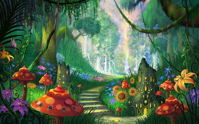 Fantasy Land, mushroom house, flowers, stairs, trees, artwork, HD wallpaper