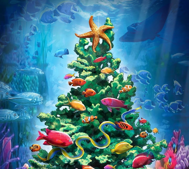 Tropical Christmas, painting, larry jones, colorful, underwater, art, fish, tree, fantasy, green, pictura, blue, HD wallpaper
