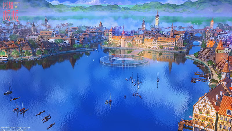 anime landscape, buildings, water, reflection, scenic, boats, mountains, Anime, HD wallpaper
