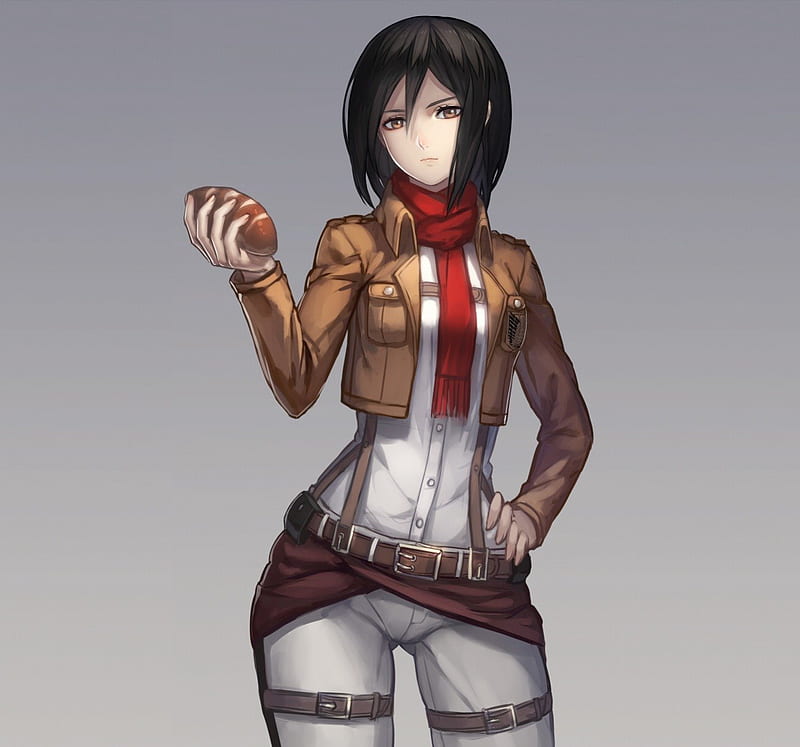Mikasa Ackerman, female, bread, brown eyes, sexy, plain, cute, short hair, girl, anime, hot, simple, anime girl, black hair, HD wallpaper