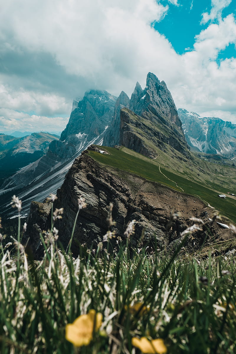 rocks, mountains, slope, grass, sky, HD phone wallpaper