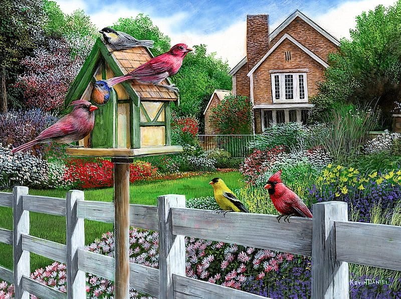 Full House, bird feeder, chickadee, garden, flowers, birds, goldfinch, cardinal, fence, artwork, painting, HD wallpaper