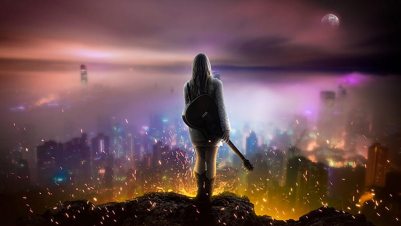 Night City, girl, guitar, moon, volcano, HD wallpaper