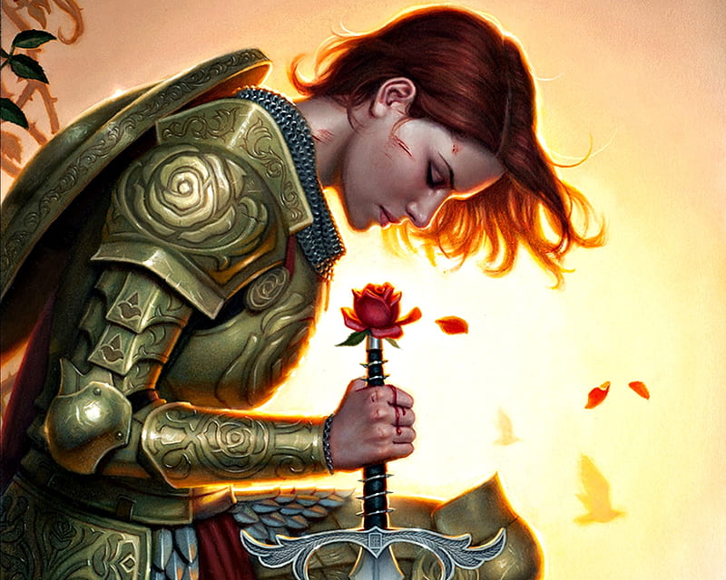 Rose Red, art, luminos, redhead, ds illustration, woman, armor, fantasy, girl, flower, sword, knight, HD wallpaper
