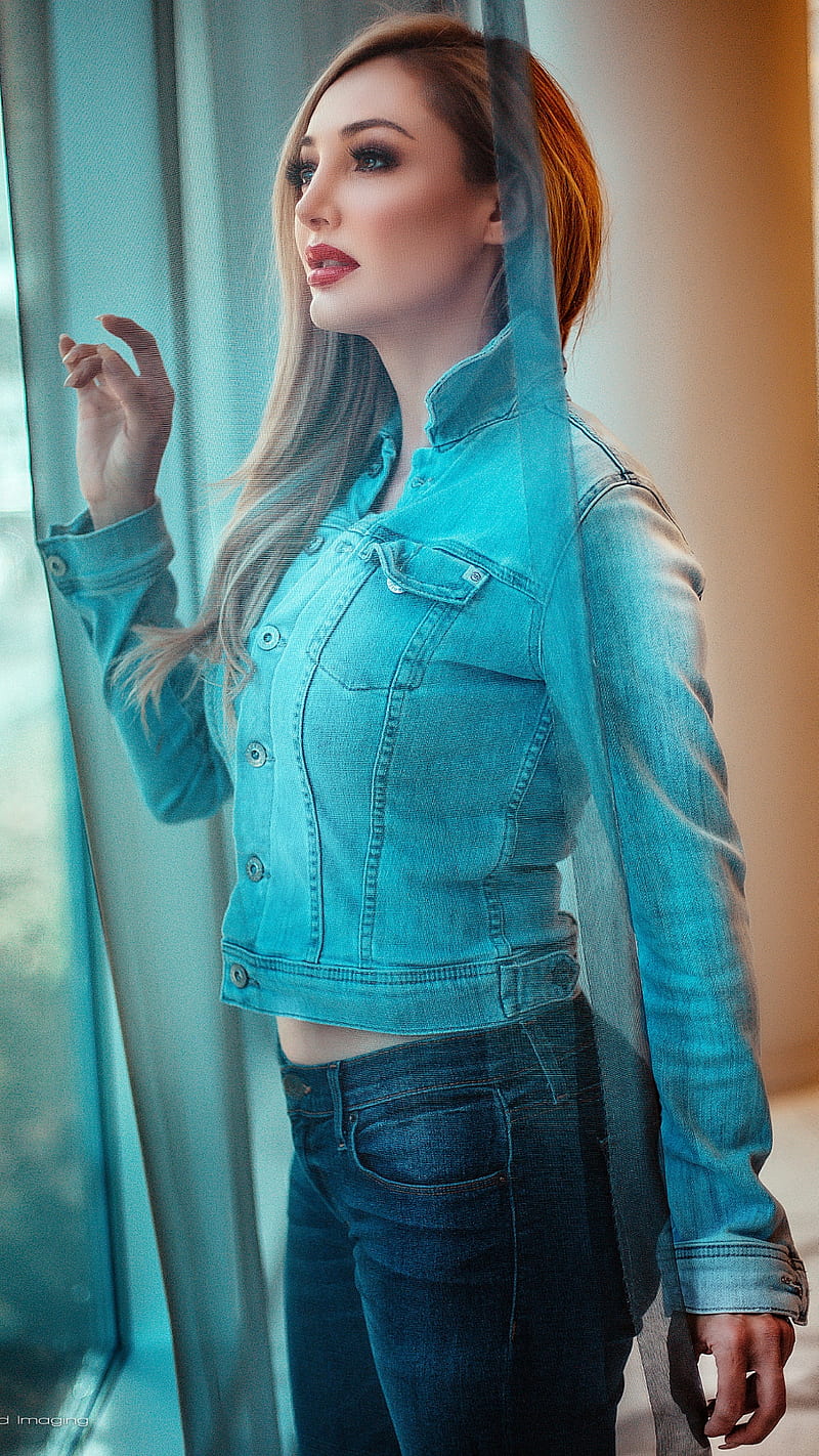 Blue, beauty, blonde, blue jeans, by the window, female, girl jeans, pretty, HD phone wallpaper