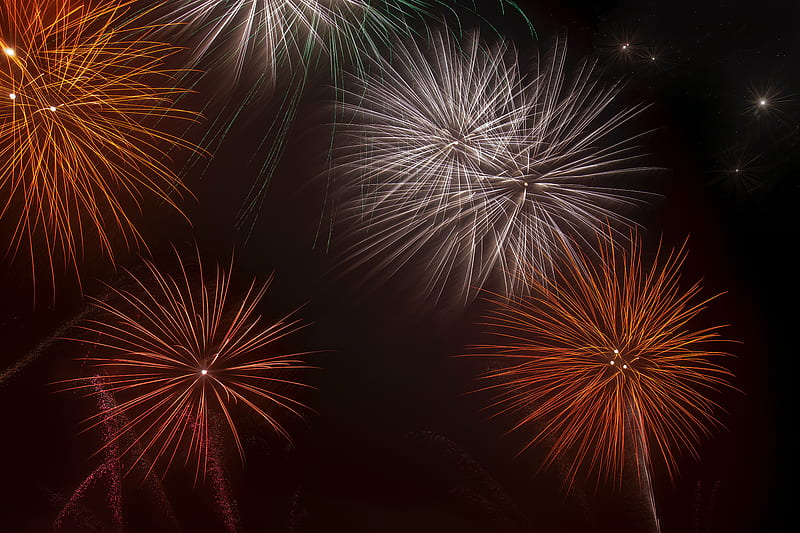 fireworks, sparks, sky, night, holiday, HD wallpaper