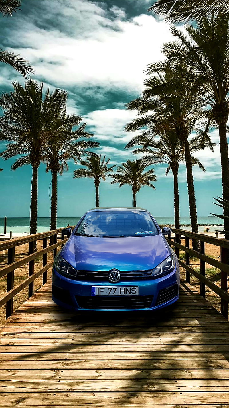 Car Golf VW R GTI, beach, carros, ocean, sea, stance, tuning, volkswagen, HD phone wallpaper
