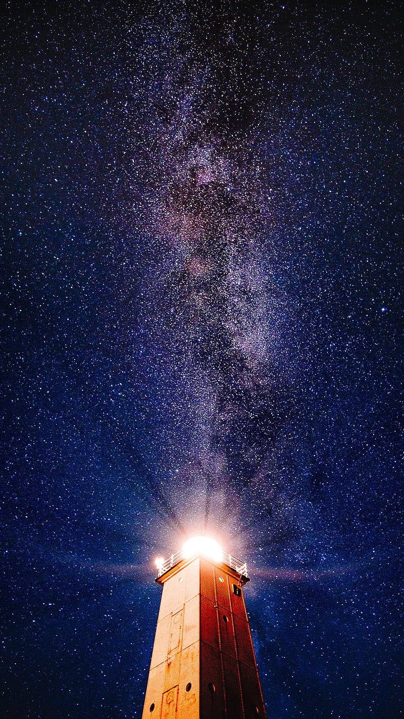 Lighthouse and Sky , night, light, starry sky, universe, space, HD phone wallpaper