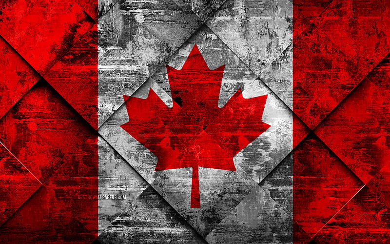 Flag of Canada grunge art, rhombus grunge texture, Canadian flag, North America, national symbols, Canada, creative art, HD wallpaper