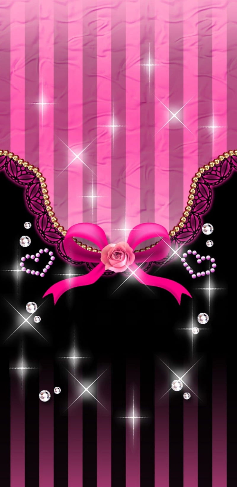 Special Gift, black, bow, girly, gold, pink, pretty, rose, sparkle, stripes, HD phone wallpaper