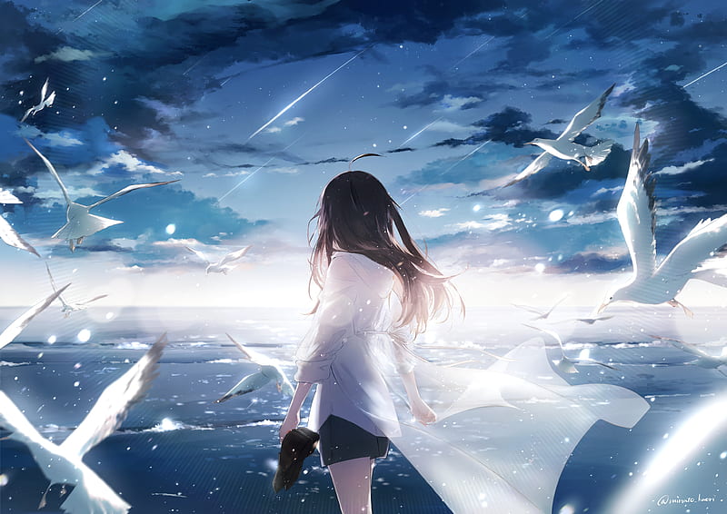 Anime girl, back view, balloon, sunset, buildings, sky, Anime, HD wallpaper  | Peakpx