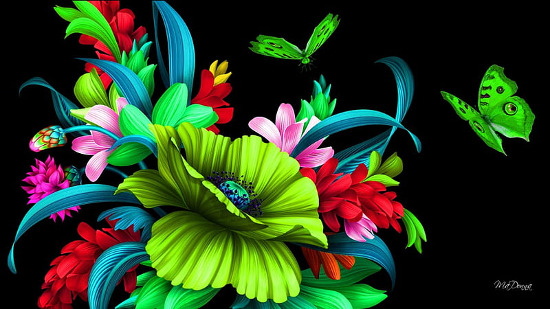 Floral Butterflies Bright, colorful, bright, summer, flowers, neon, electric, butterflies, HD wallpaper
