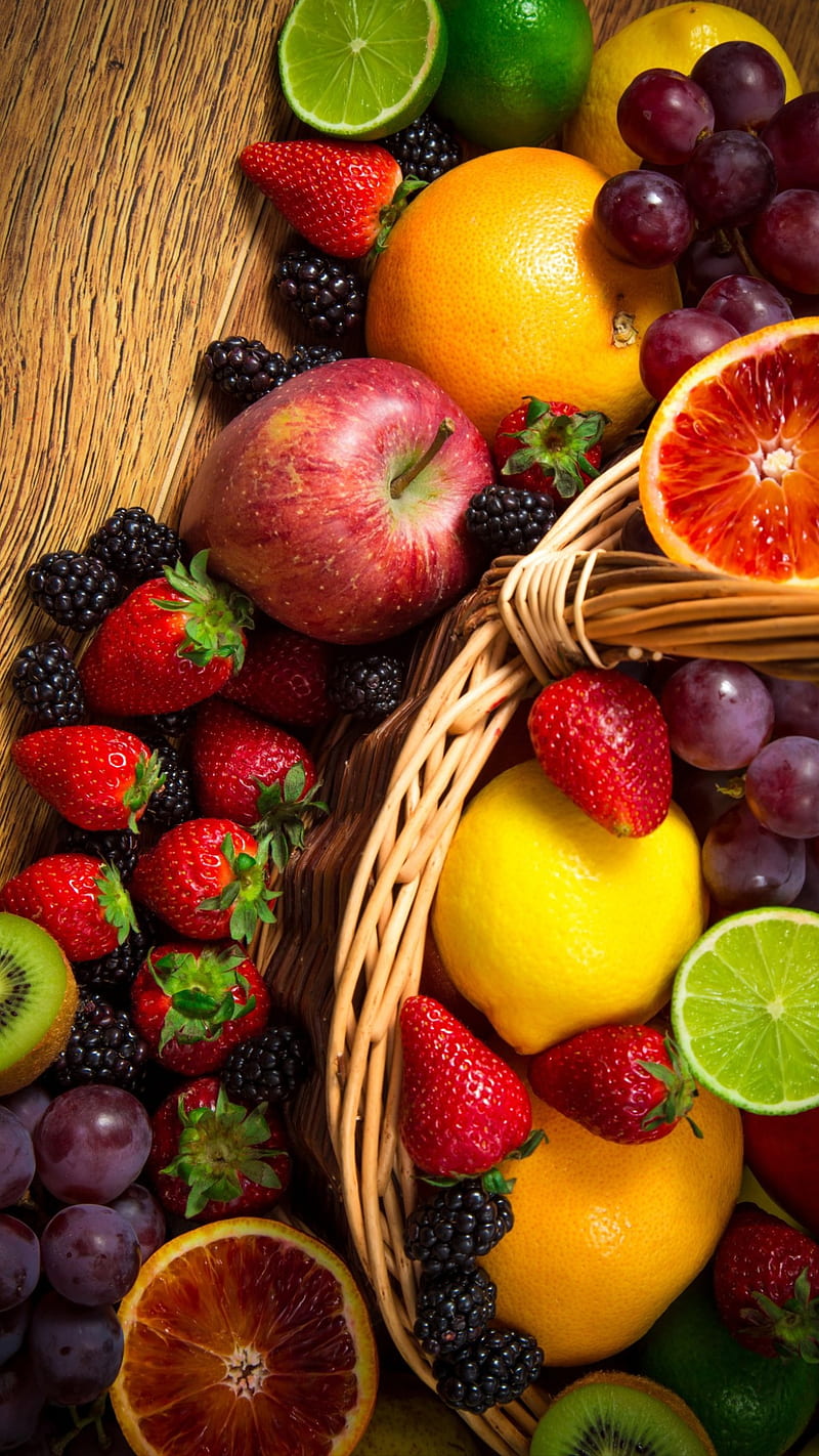 fruits, fruit, lemon, foods, basket, food, applw, lime, grapes, strawberry, HD phone wallpaper