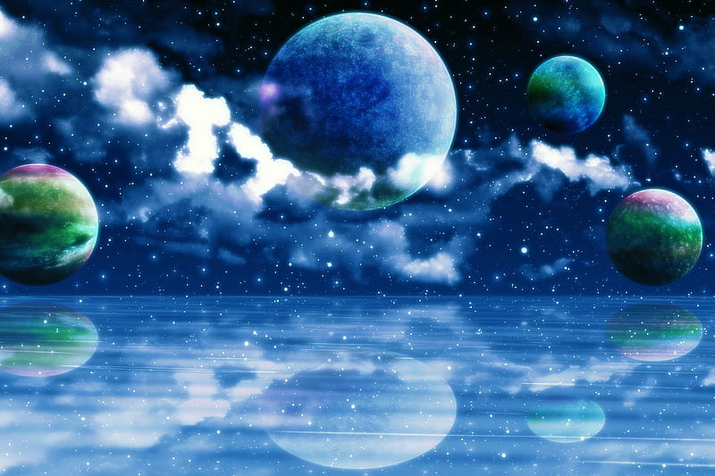 Beyond the Horizon, Space, Stars, Sea, Clouds, Moon, Ocean, Planets, Blue, HD wallpaper