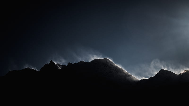 mountains, peak, fog, enveloping, dark, shadow, HD wallpaper