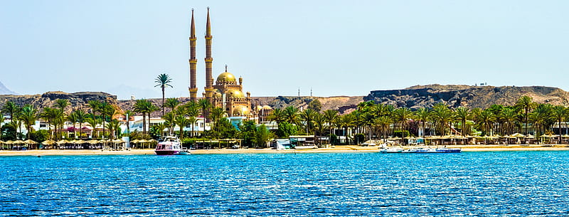 Sharm El-Sheikh, egypt, mosque, sea, HD wallpaper