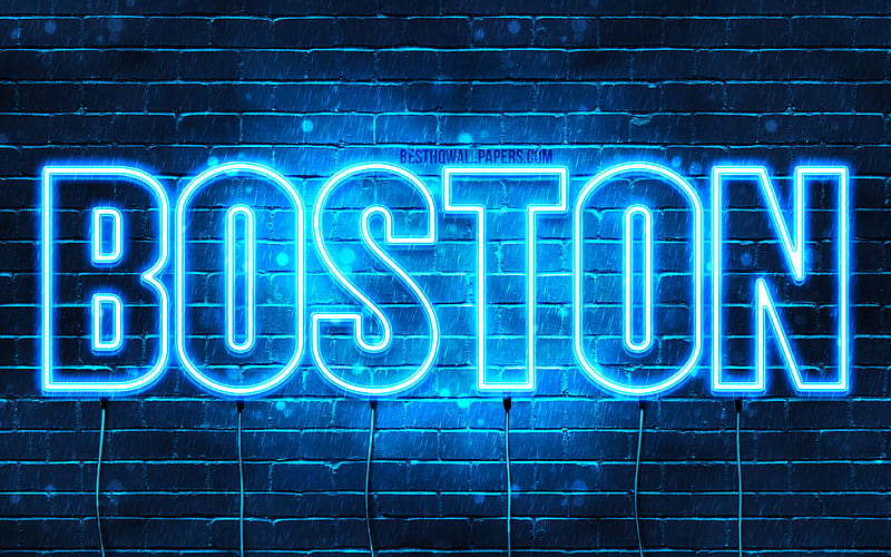 Boston with names, horizontal text, Boston name, blue neon lights, with Boston name, HD wallpaper