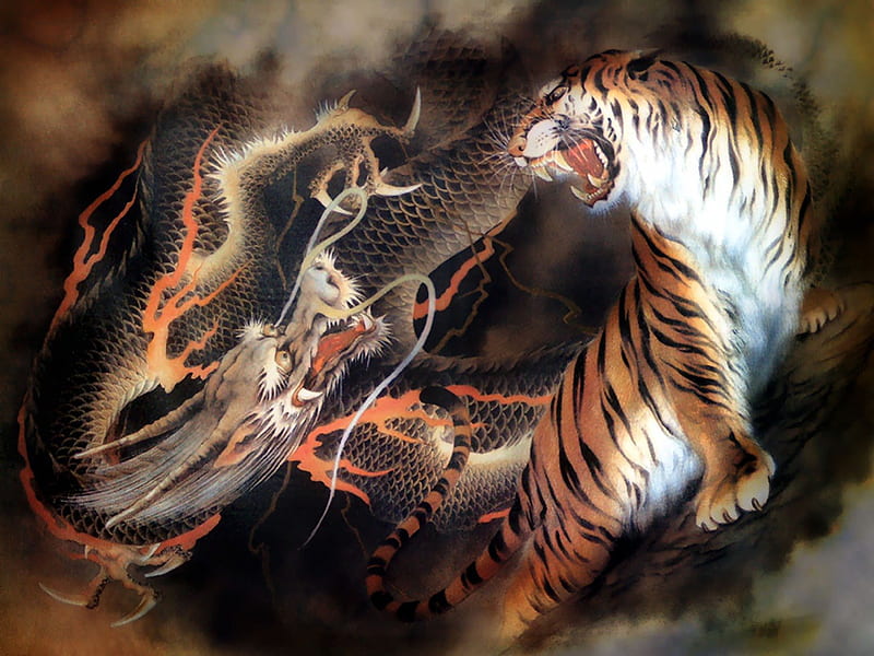 EPIC BATTLE, fight, battle, dragog, tiger, HD wallpaper