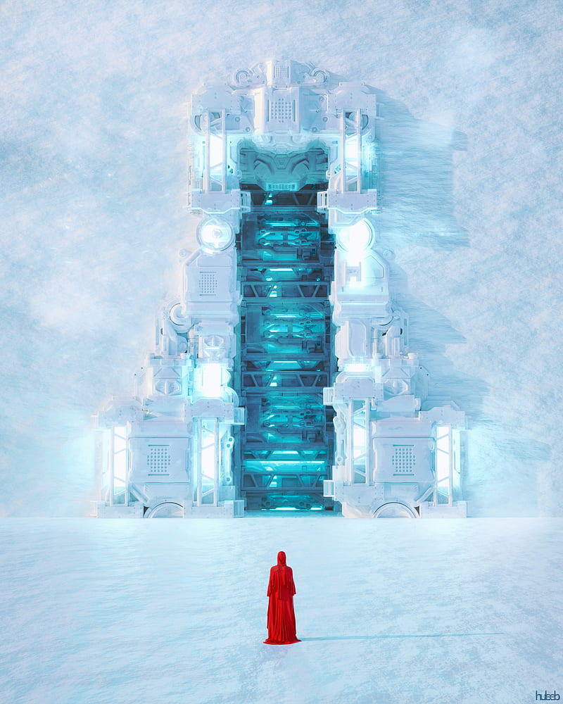silhouette, cloak, red, gate, snow, HD phone wallpaper