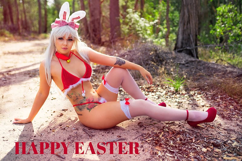 Amy Thunderbolt with Easter Greetings, blonde, model, outdoors, easter, bikini, rabbit ears, HD wallpaper