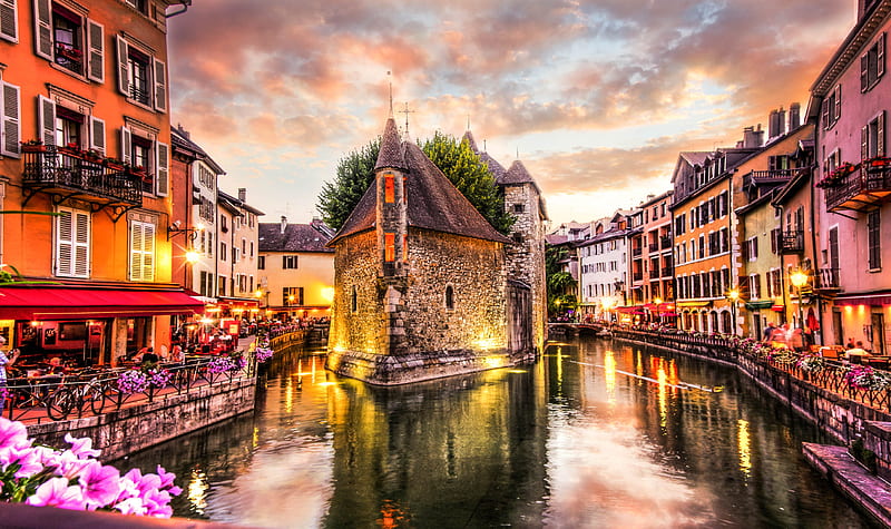 Old Prison in Annecy, France, restaurant, houses, river, r, clouds, sky, HD wallpaper