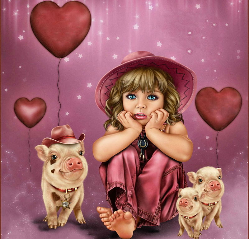 HAPPY VALENTINE'S DAY (TO JUDY), BALLOONS, HEARTS, PIGS, RED, CHILD, HD wallpaper
