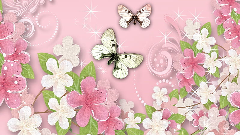 Pink White Blossoms Butterflies, scrolls, butterflies, spring, texture, summer, blossoms, flowers, garden, blooms, pink, HD wallpaper