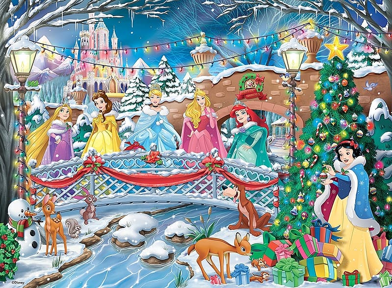 Disney Christmas Princesses, snow white, winter, ariel, belle, cinderella, disney, girl, aurora, fantasy, deer, iarna, christmas, princess, HD wallpaper