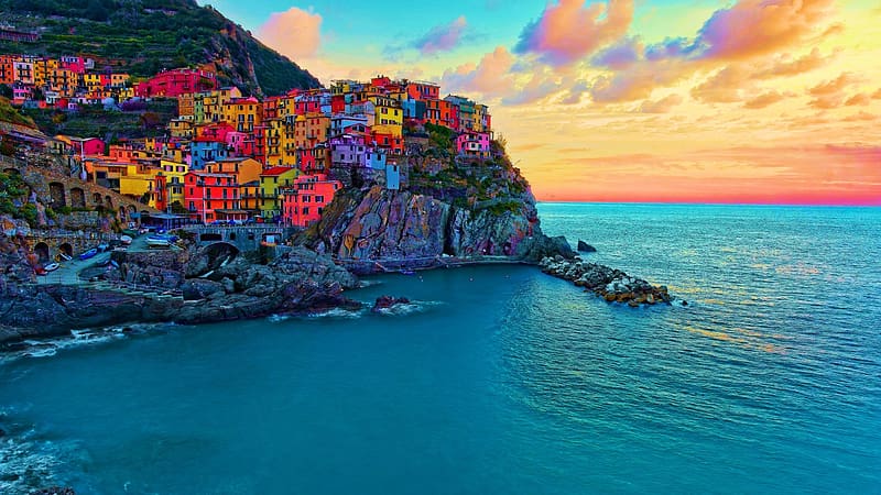 Manarola, Cinque Terre, Italy, sea, colors, clouds, mediterranean, sky, rocks, houses, HD wallpaper