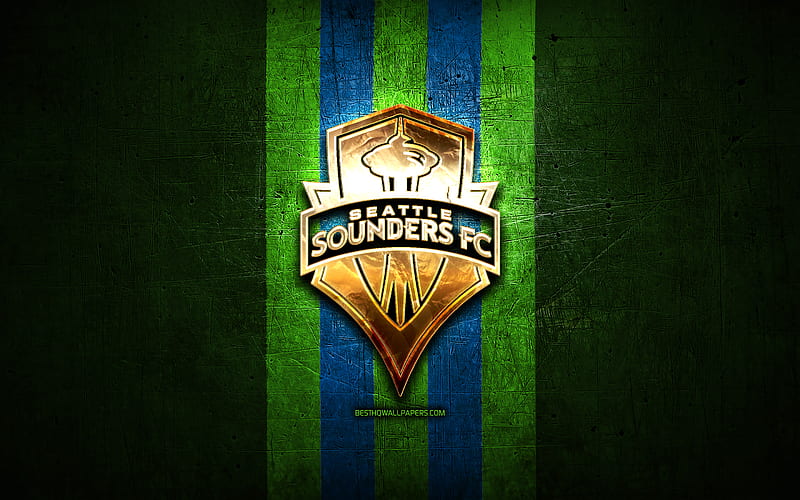 Seattle Sounders FC, golden logo, MLS, green metal background, american soccer club, Seattle Sounders, United Soccer League, Seattle Sounders logo, soccer, USA, HD wallpaper