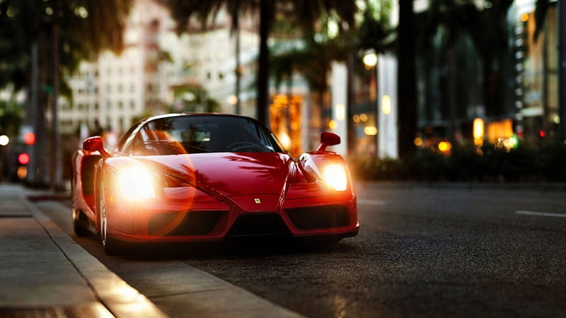 Red Ferrari Enzo , cityscape, bonito, Ferrari, graphy, car, auto, wide screen, scenery, HD wallpaper