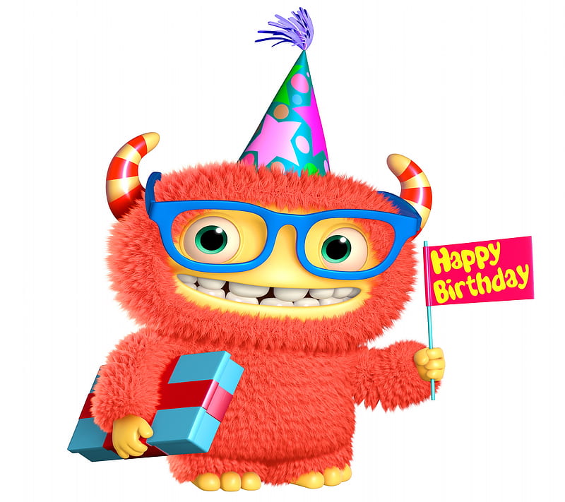 Happy Birtay, 3d, celebration, cute, fun, monster, saying, HD wallpaper