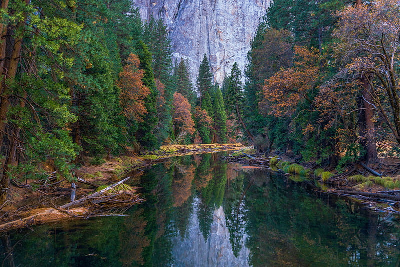 Peaceful afternoon on the Merced River, Yosemite National Park, fall, california, usa, mountains, colors, reflections, trees, HD wallpaper