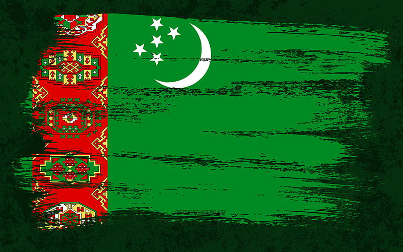 Flag of Turkmenistan, grunge flags, Asian countries, national symbols, brush stroke, Turkmen flag, grunge art, Turkmenistan flag, Asia, Turkmenistan, HD wallpaper