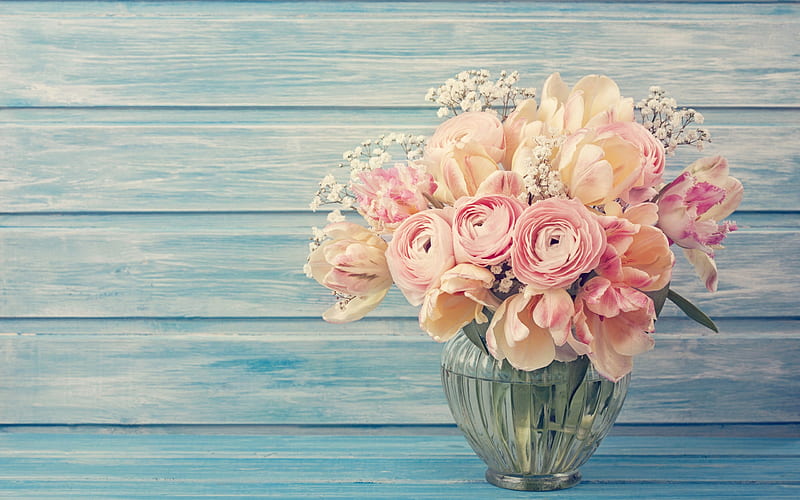 pink flowers, Ranunculus, bouquet of flowers, vase with flowers, HD wallpaper