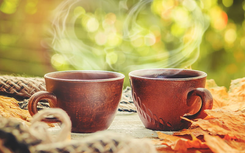 brown coffee cups, coffee, clay cups, coffee concepts, autumn, yellow leaves, mood concepts, HD wallpaper