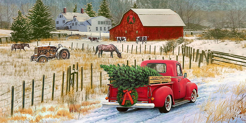 preparing for Christmas, horses, car, fence, tree, snow, winter, barn, HD wallpaper