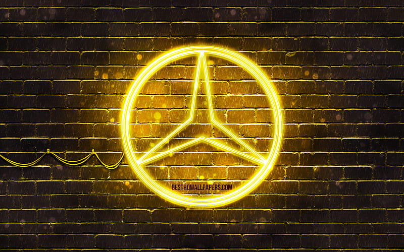 Mercedes-Benz yellow logo yellow brickwall, Mercedes-Benz logo, cars brands, Mercedes logo, Mercedes-Benz neon logo, Mercedes-Benz, HD wallpaper