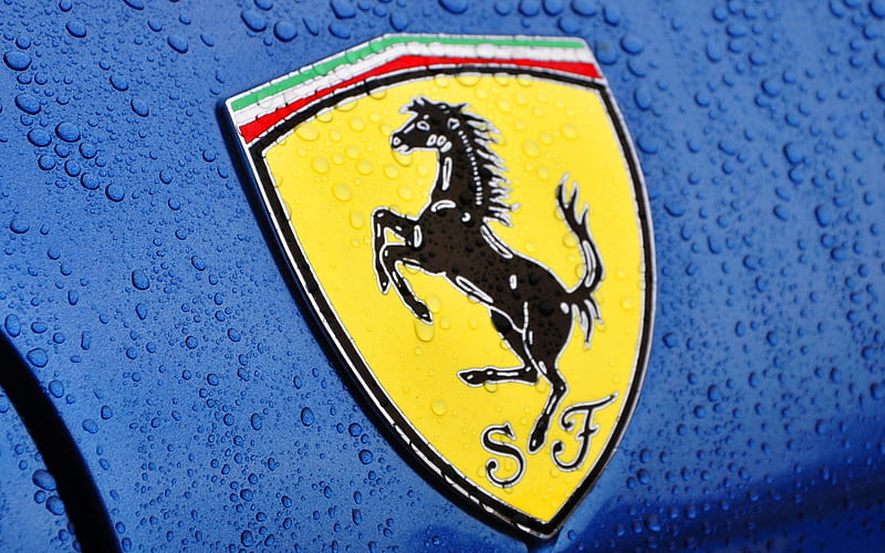 Ferrari emblem, water drops, ferrari logo on blue background, blue ferrari, HD wallpaper